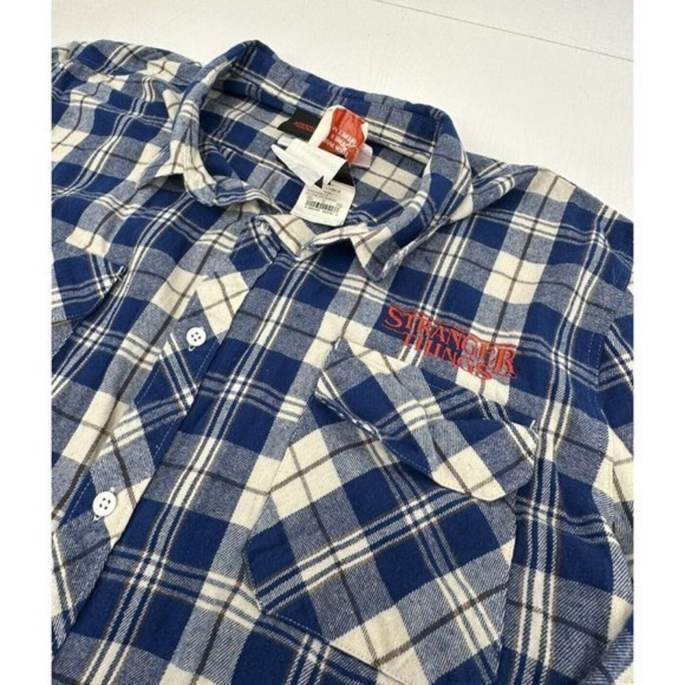 Official Stranger Things Blue Flannel Plaid Long-Sleeve Button Up Shirt XXL -NWT